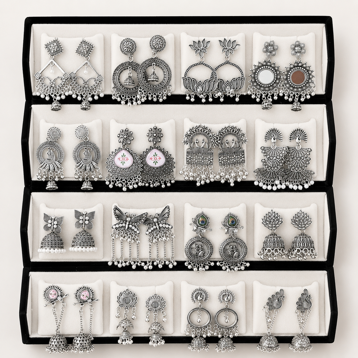 Viral 16 Pair Oxidised Earing Set With Folding Jewelery Box | WITH LOVE NOTE Alloy Jhumki Earring