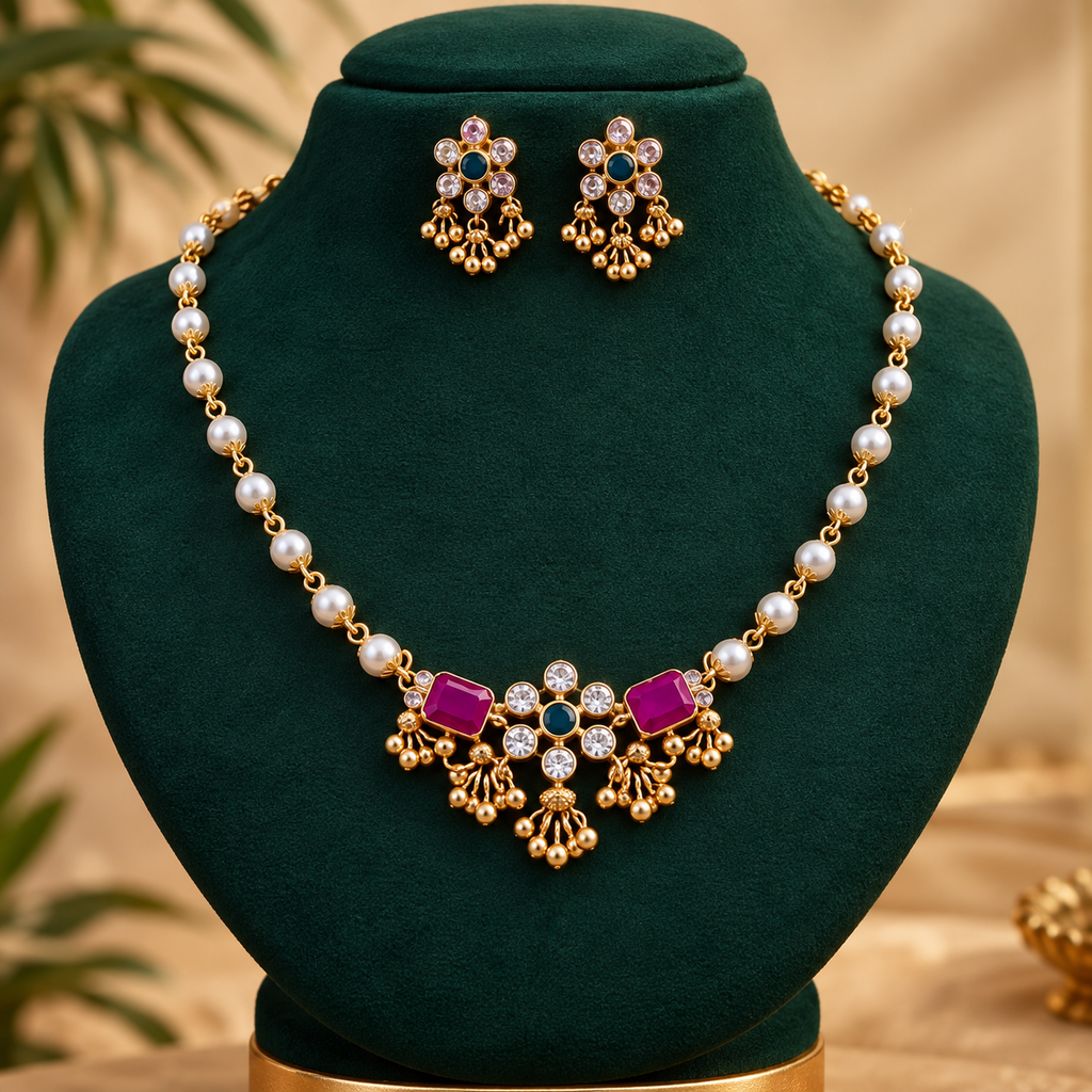 Ubricoon Brass Gold-plated Gold, Green, Maroon Jewel Set (Pack of 1)