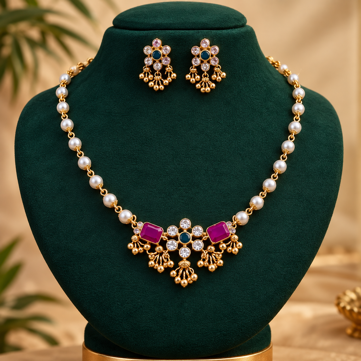 Ubricoon Brass Gold-plated Gold, Green, Maroon Jewel Set (Pack of 1)