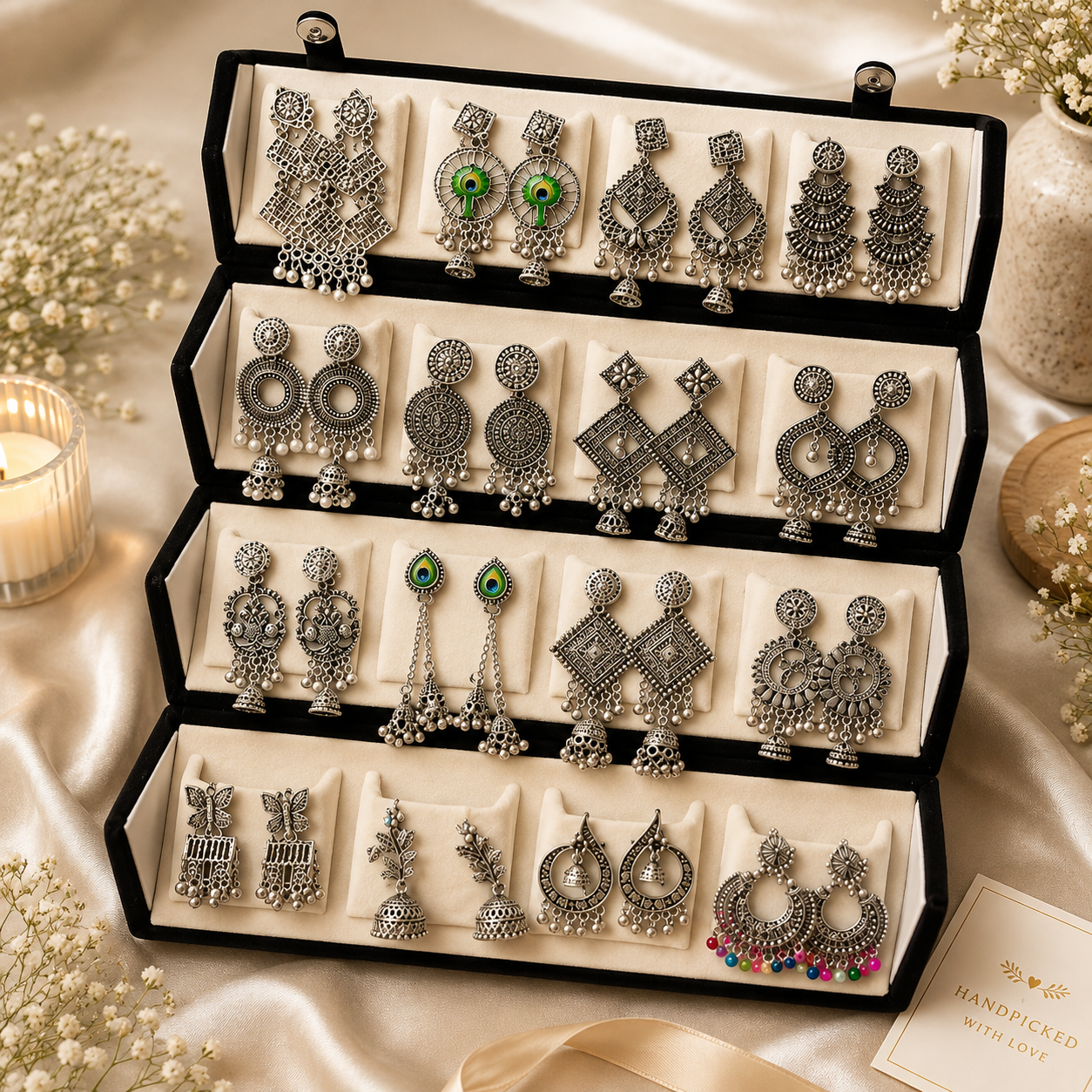 Viral 16 Pair Oxidised Earing Set With Folding Jewelery Box | WITH LOVE NOTE Alloy Jhumki Earring