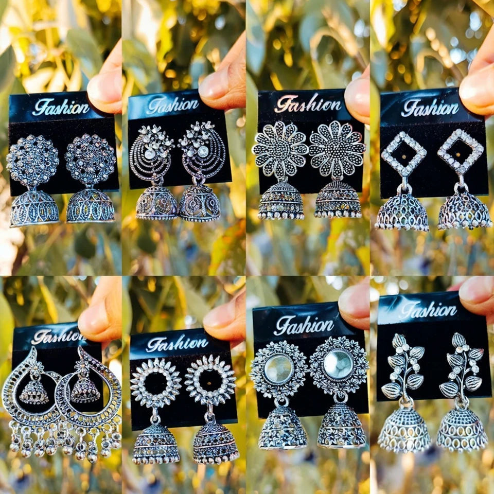 Ubricoon Oxidized Silver Jhumka Earrings Combo Set for Women (8 Pairs) Cubic Zirconia Alloy Chandbali Earring, Drops & Danglers, Jhumki Earring, Stud Earring
