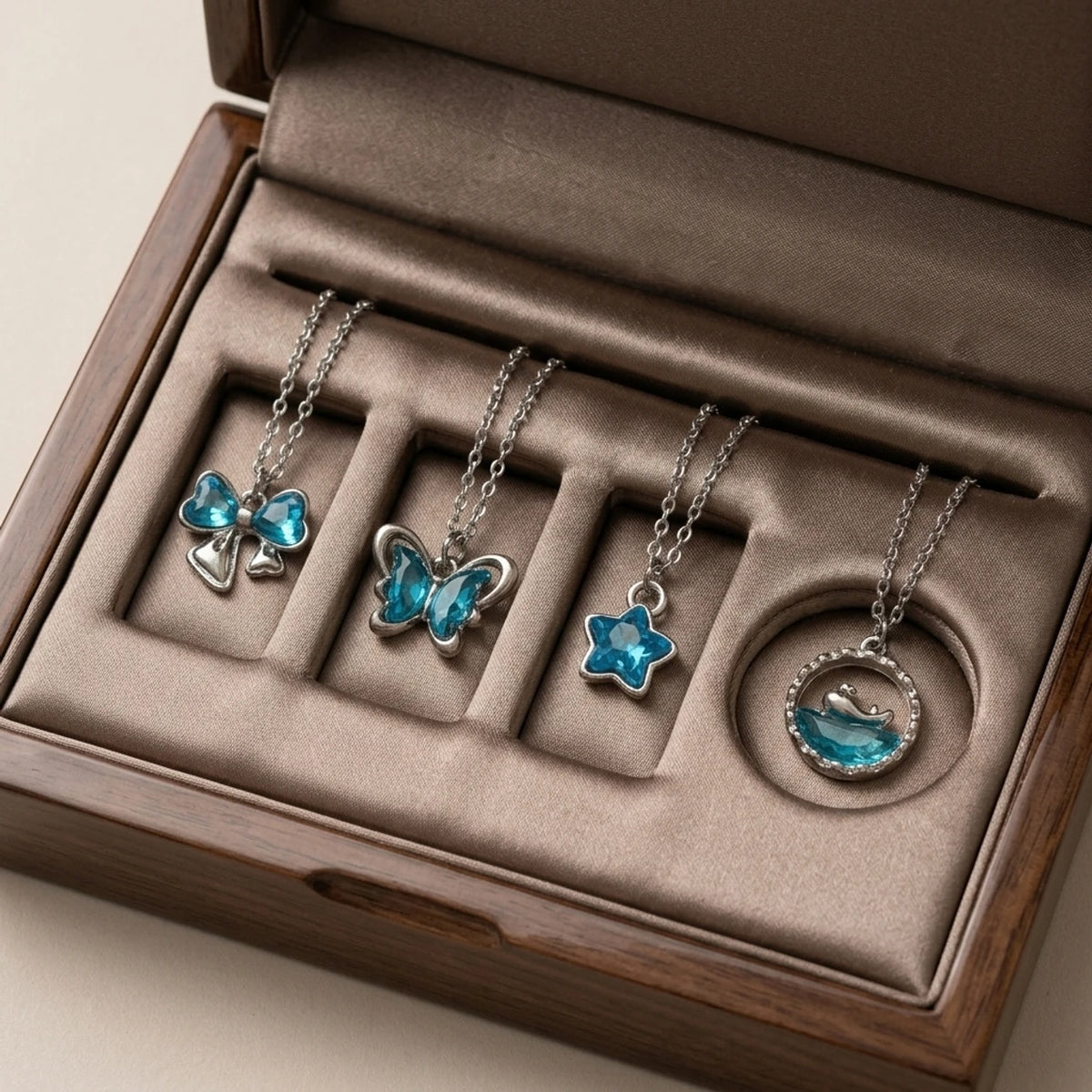 Ubricoon Korean Style Blue Crystal Pendant Necklace 4 PCS Combo Set for Girls & Women Silver Diamond Stainless Steel Locket Set