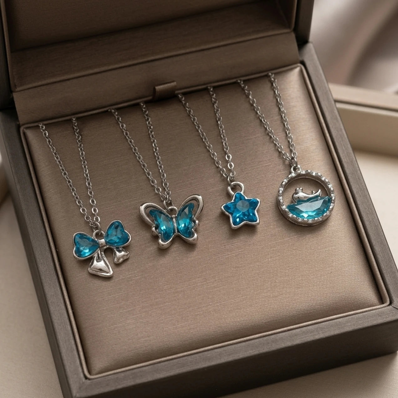 Ubricoon Korean Style Blue Crystal Pendant Necklace 4 PCS Combo Set for Girls & Women Silver Diamond Stainless Steel Locket Set