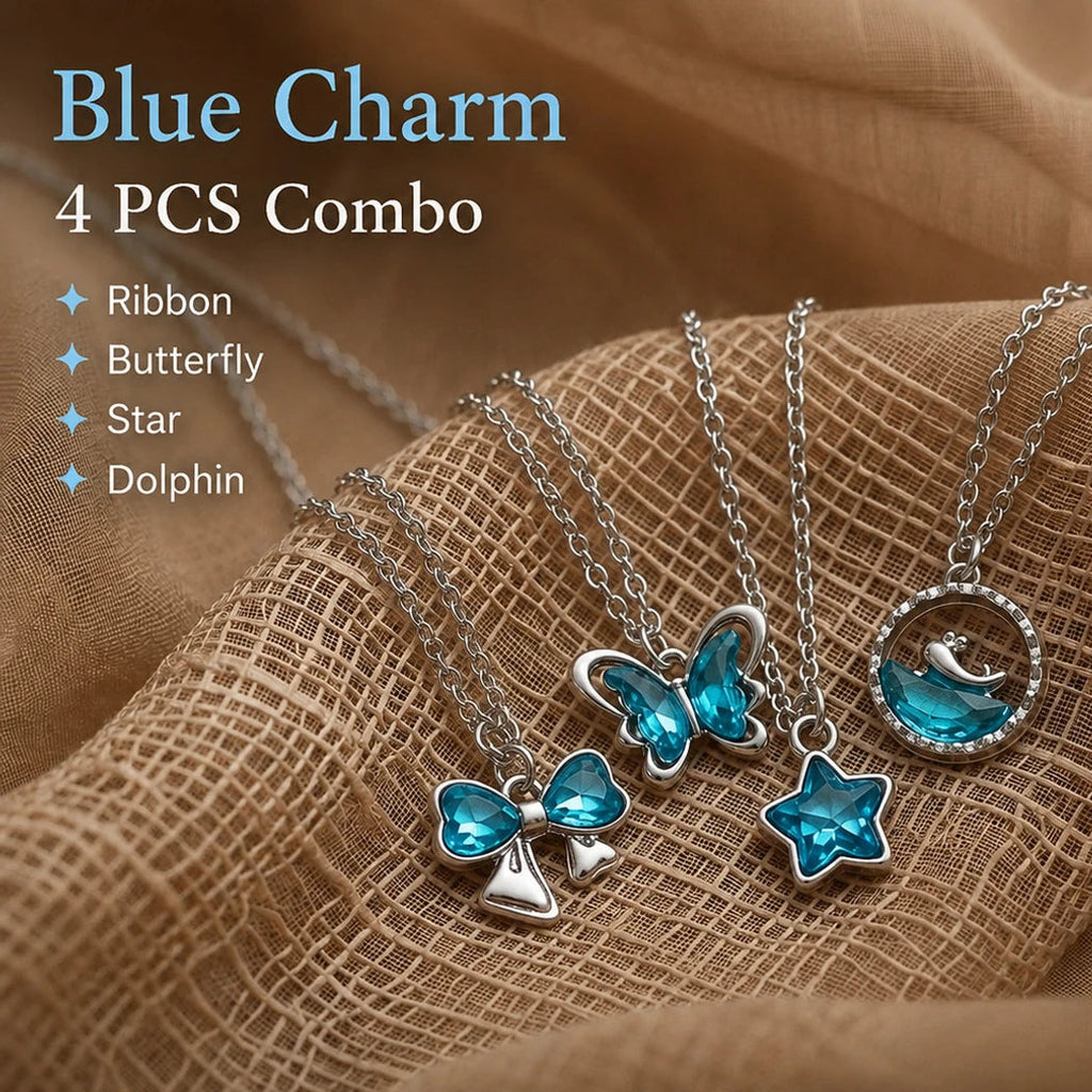 Ubricoon Korean Style Blue Crystal Pendant Necklace 4 PCS Combo Set for Girls & Women Silver Diamond Stainless Steel Locket Set
