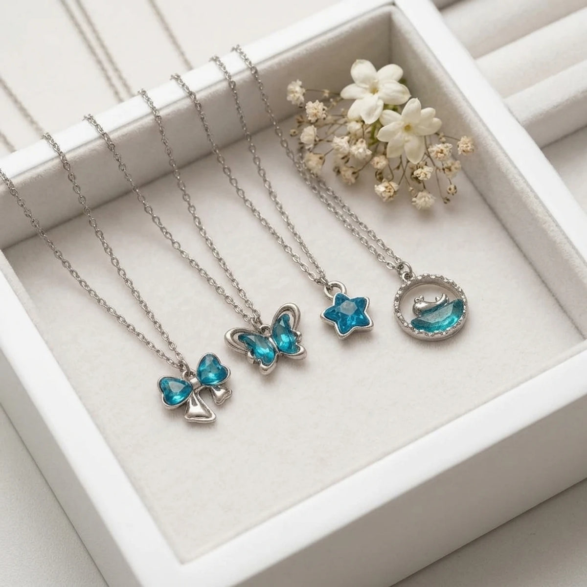 Ubricoon Korean Style Blue Crystal Pendant Necklace 4 PCS Combo Set for Girls & Women Silver Diamond Stainless Steel Locket Set