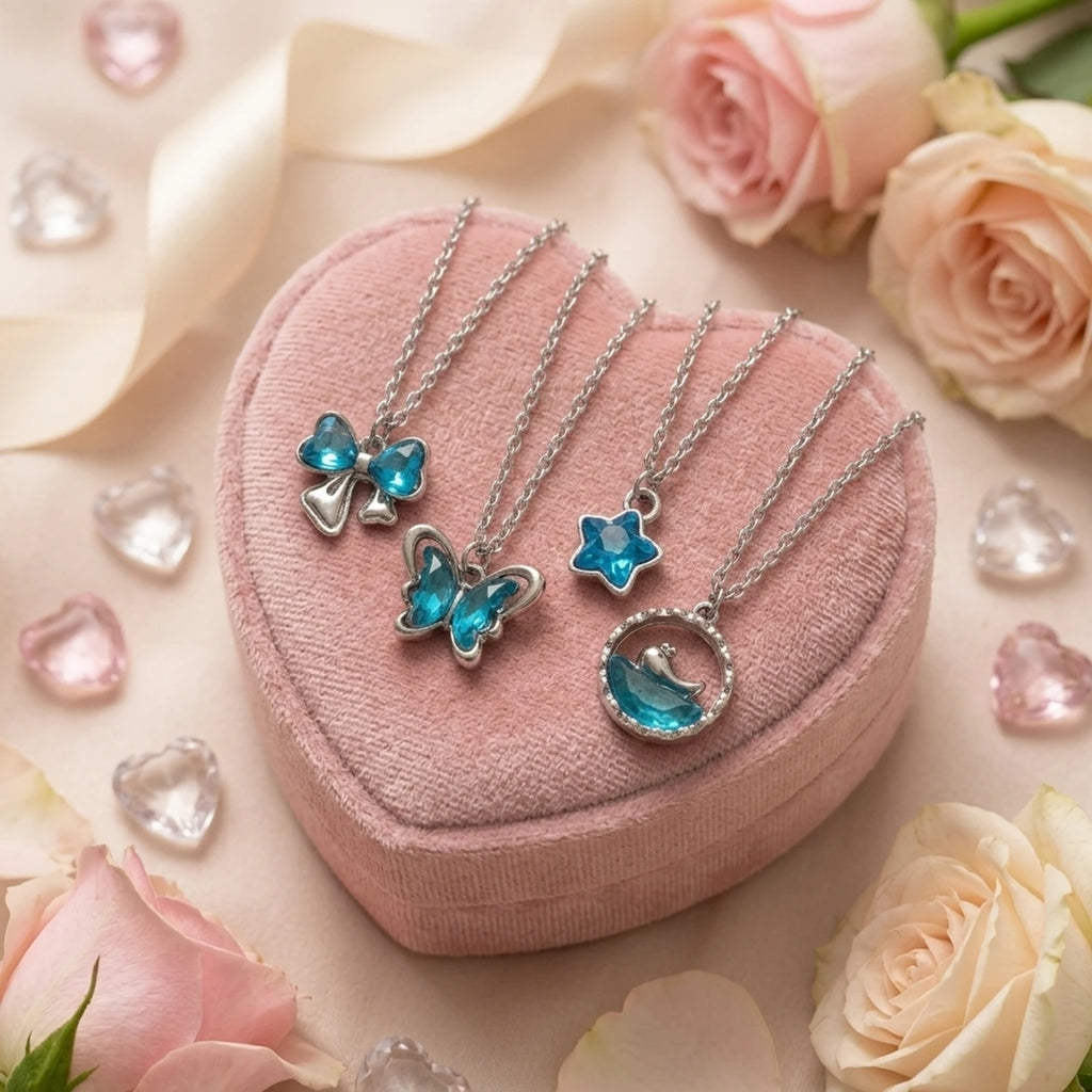 Ubricoon Korean Style Blue Crystal Pendant Necklace 4 PCS Combo Set for Girls & Women Silver Diamond Stainless Steel Locket Set