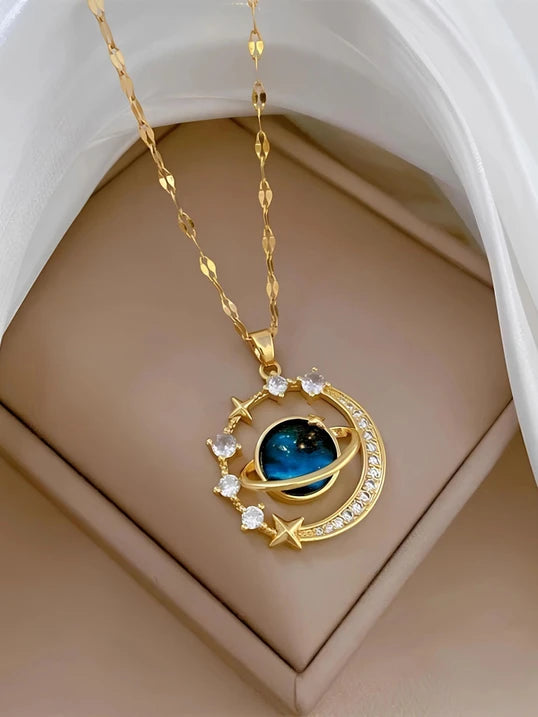 Ubricoon Moon & Star Zircon Pendant Necklace Gold Plated | Minimal Daily Wear Jewellery Gold-plated Moonstone Stainless Steel Pendant