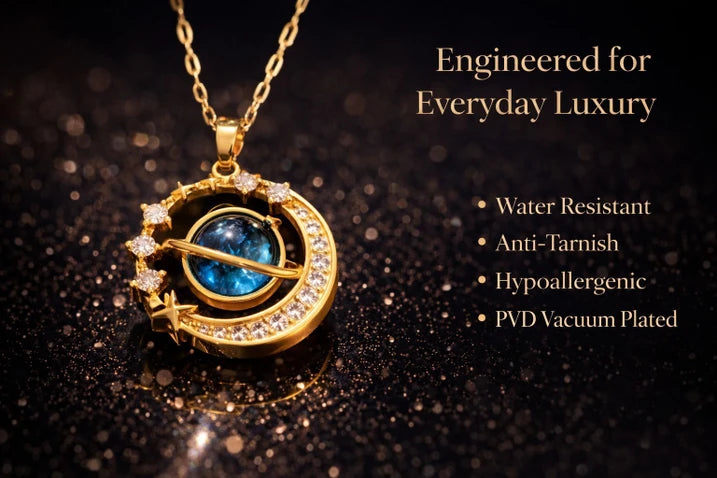 Ubricoon Moon & Star Zircon Pendant Necklace Gold Plated | Minimal Daily Wear Jewellery Gold-plated Moonstone Stainless Steel Pendant