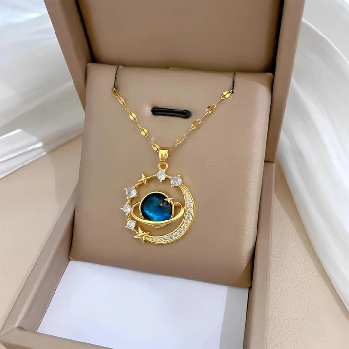 Ubricoon Moon & Star Zircon Pendant Necklace Gold Plated | Minimal Daily Wear Jewellery Gold-plated Moonstone Stainless Steel Pendant