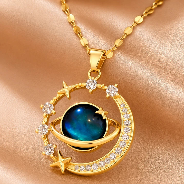 Ubricoon Moon & Star Zircon Pendant Necklace Gold Plated | Minimal Daily Wear Jewellery Gold-plated Moonstone Stainless Steel Pendant