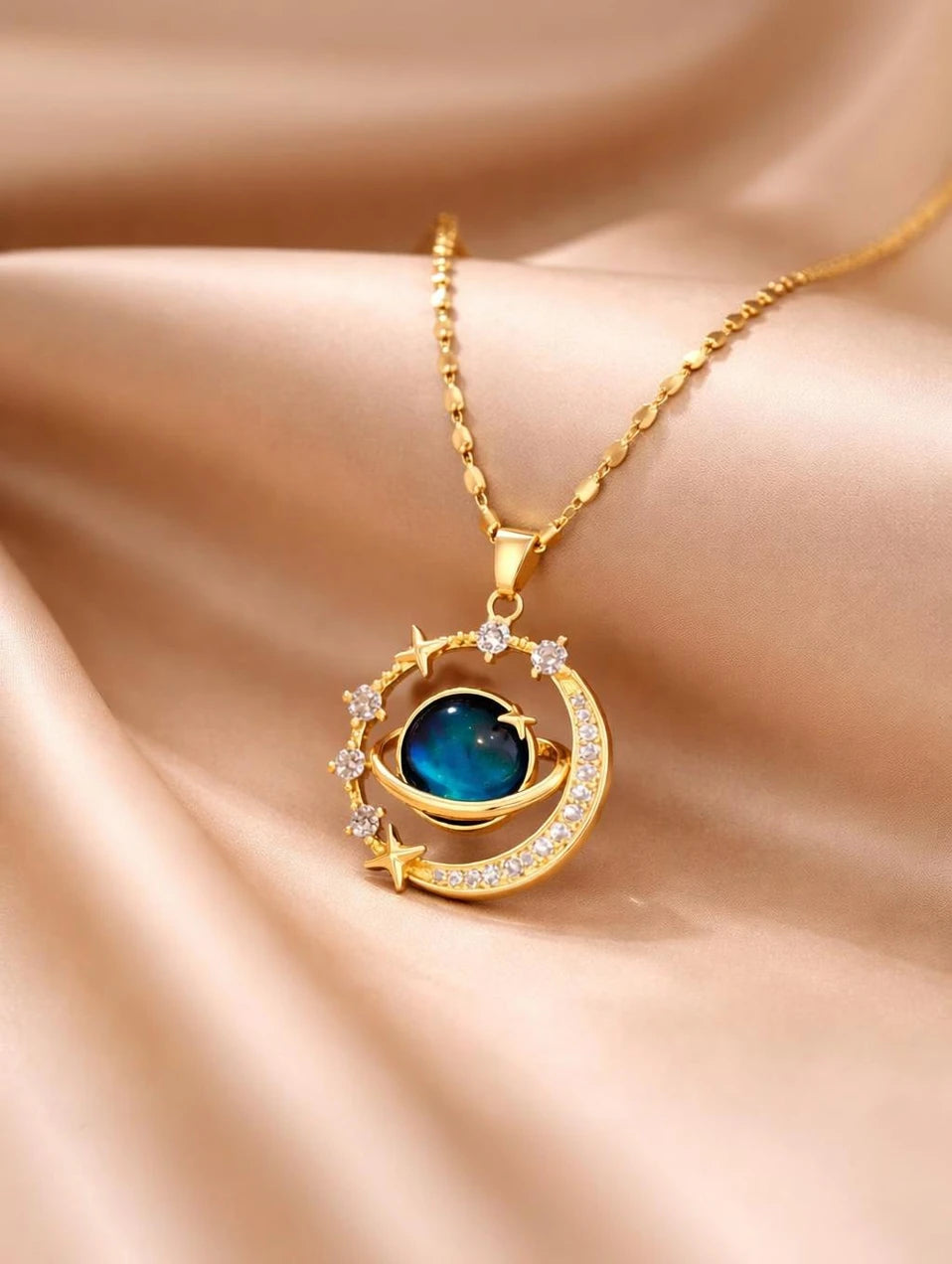 Ubricoon Moon & Star Zircon Pendant Necklace Gold Plated | Minimal Daily Wear Jewellery Gold-plated Moonstone Stainless Steel Pendant