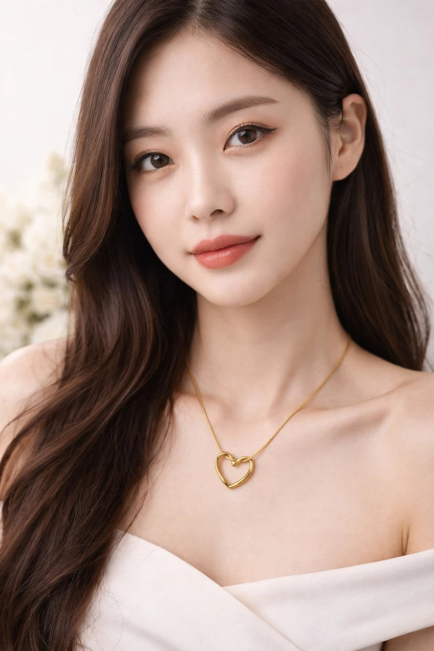 Ubricoon Premium Minimal Gold Open Heart Pendant Necklace Cubic Zirconia Stainless Steel Pendant
