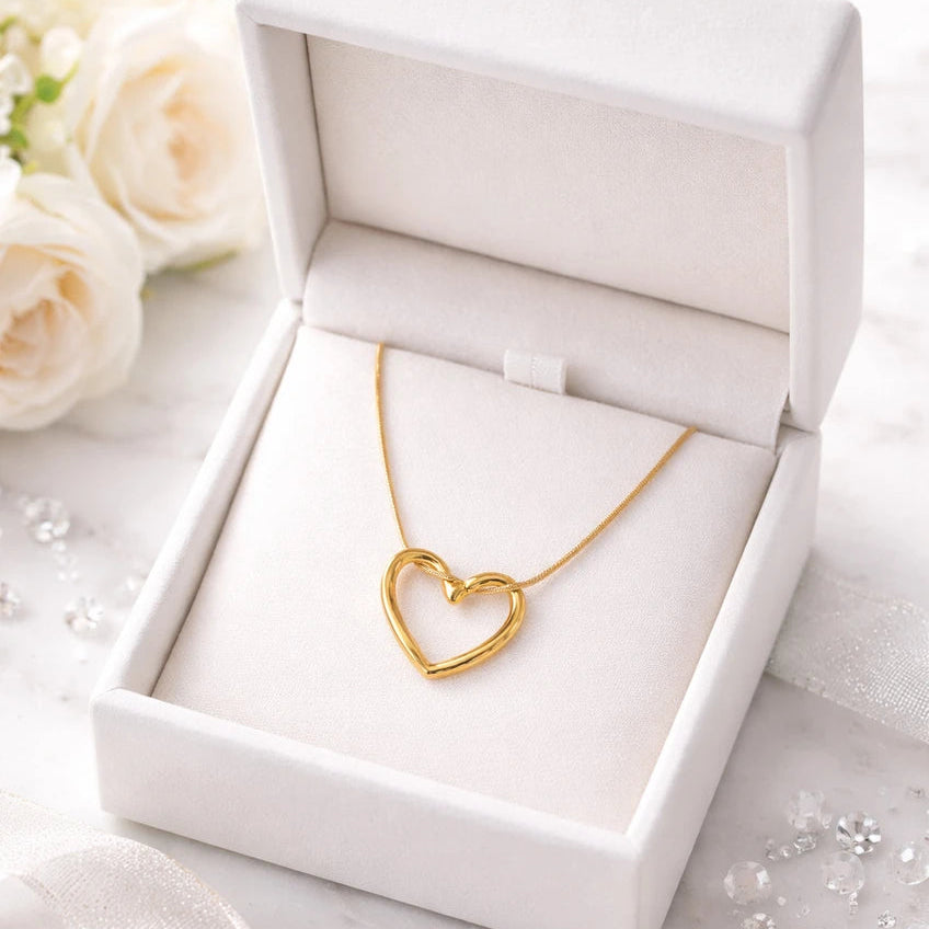 Ubricoon Premium Minimal Gold Open Heart Pendant Necklace Cubic Zirconia Stainless Steel Pendant