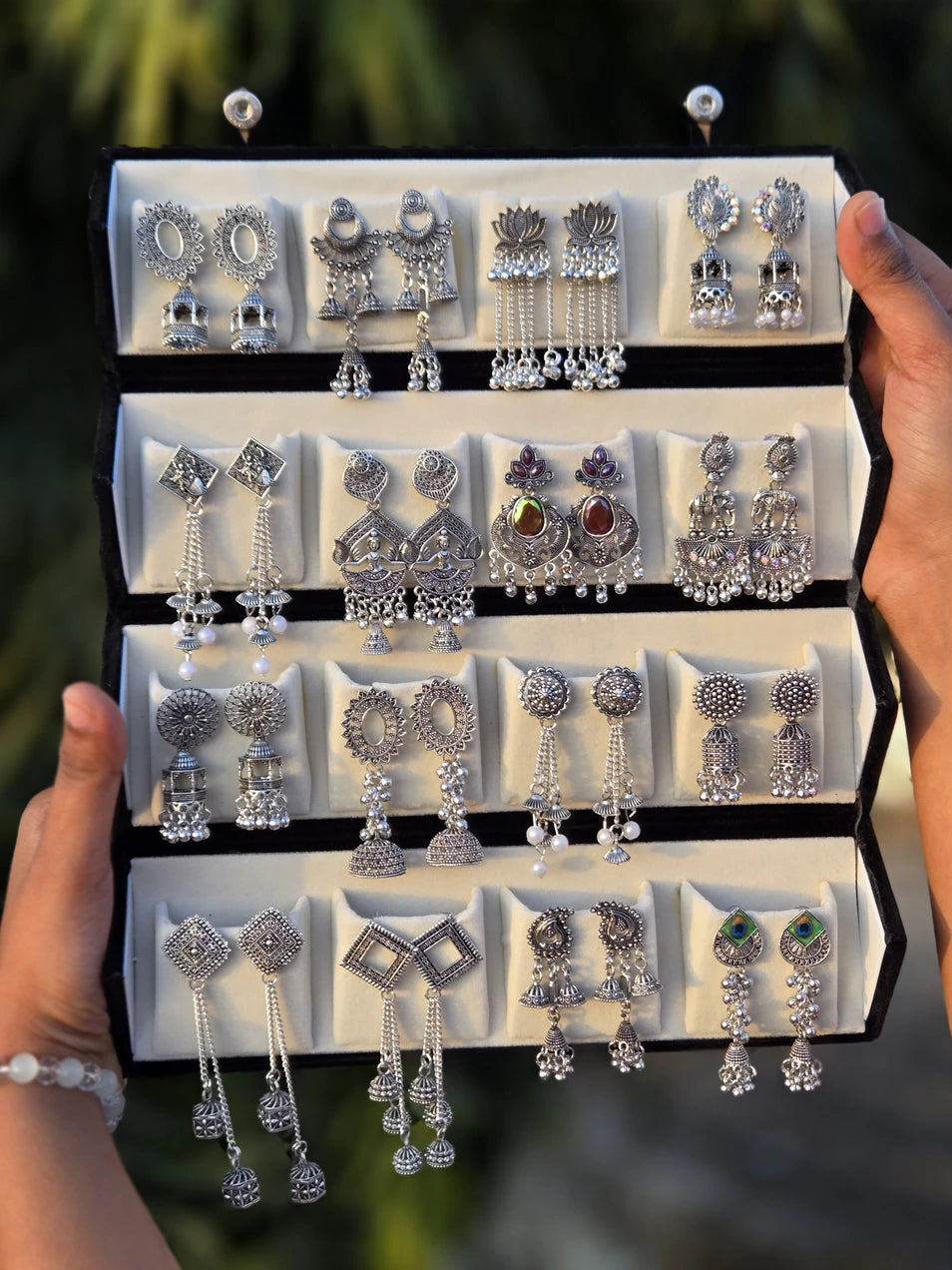 Viral 16 Pair Oxidised Earing Set With Folding Jewelery Box | WITH LOVE NOTE Alloy Jhumki Earring