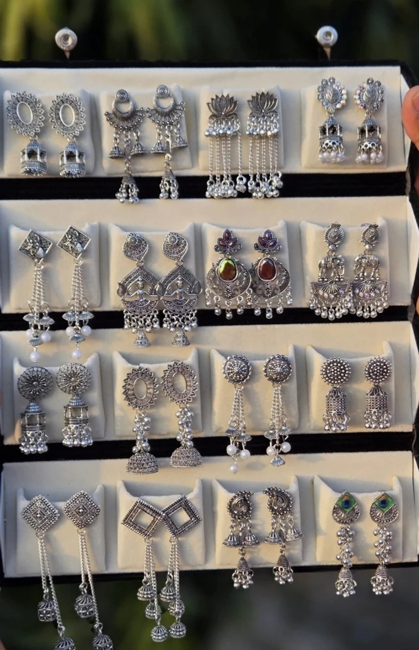 Viral 16 Pair Oxidised Earing Set With Folding Jewelery Box | WITH LOVE NOTE Alloy Jhumki Earring